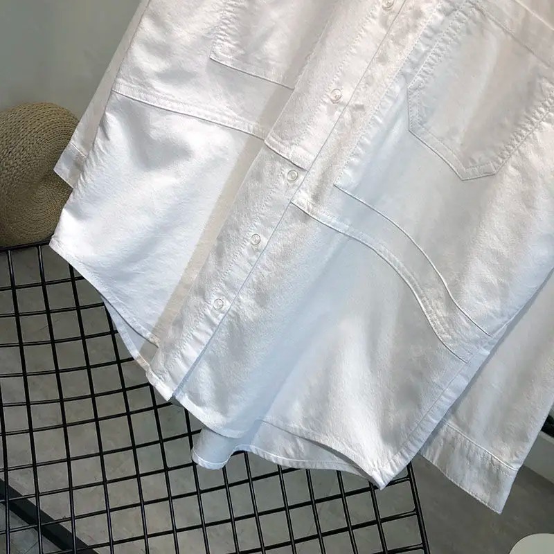 Oversized Cotton Button-Up Shirt for Women – Korean Style Pocket Blouse - Image 4