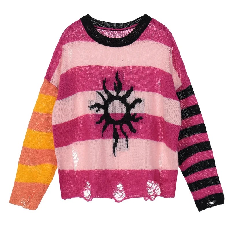 Women Striped Knitted Sweater Vintage Y2K Loose Harajuku Pullover - Image 3