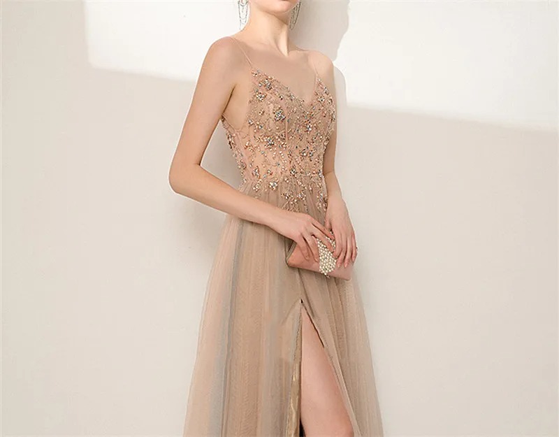 Champagne A Line Prom Dress Spaghetti Strap Sequin Gown - Image 4