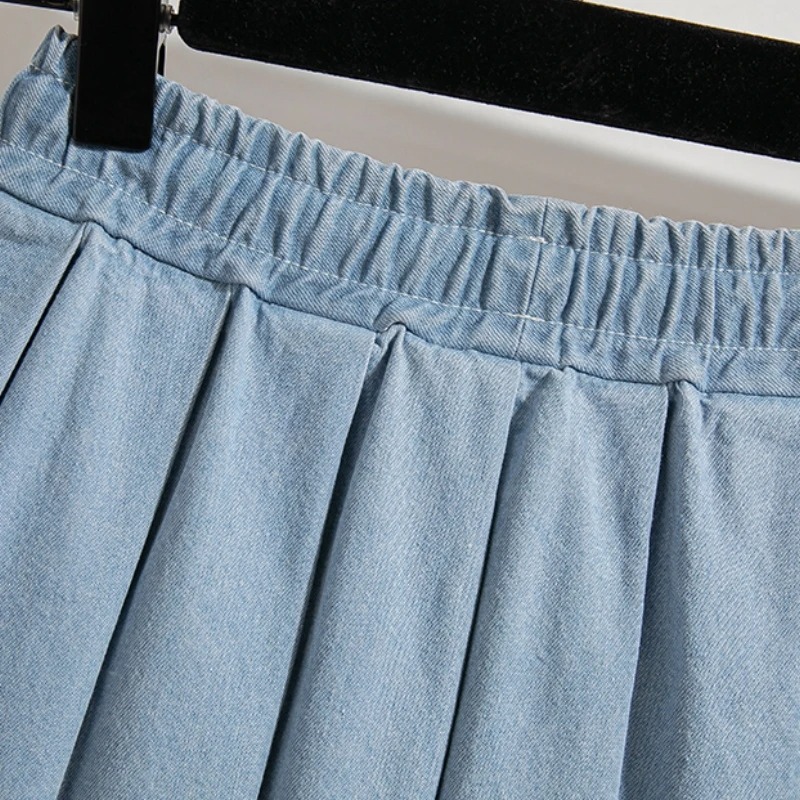 5XL Oversize Denim Skirts Women Lace Up Pleated Skirt Summer Elastic Waist Cute Soft Girl Frilly Loose Jeans Mini Skirt Culotte - Image 2