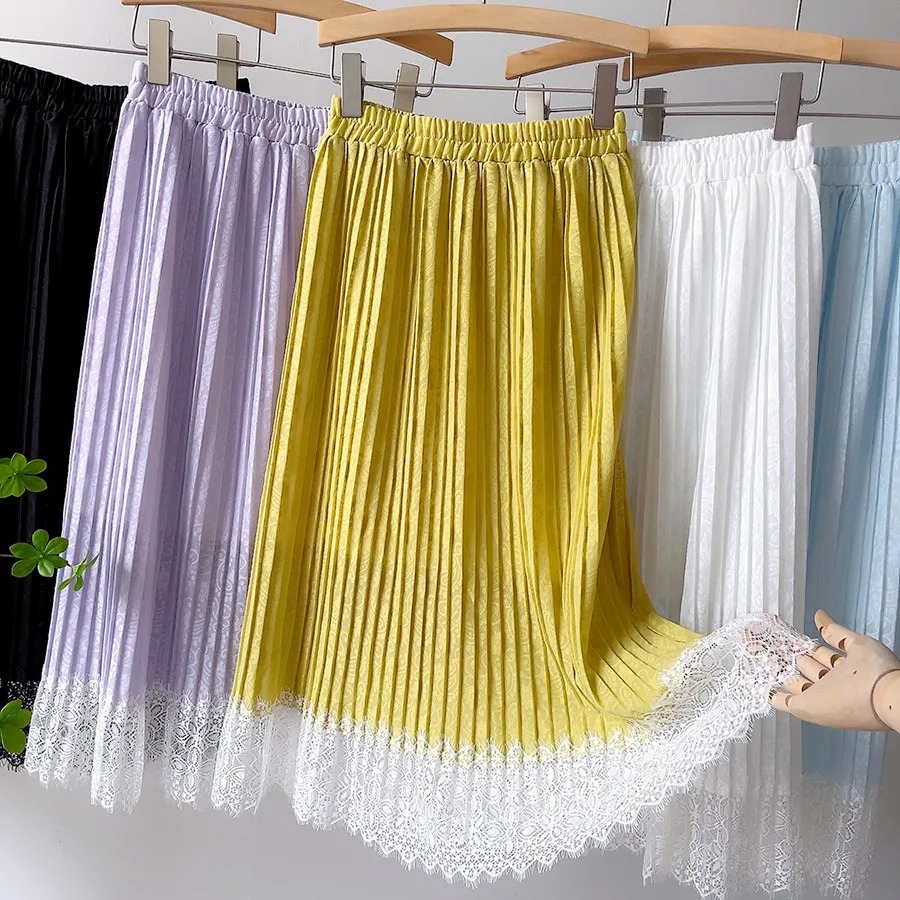 2022 Spring Women Skirts Lace Patchwork Pleated Skirts Sweet Solid Skirt Femme Elastic High Waist Elegant Skirt Women Streetwear - Image 3