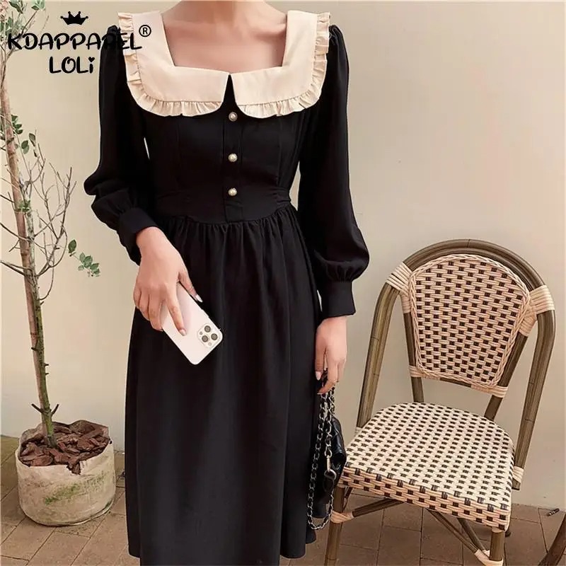 Harajuku Gothic Black Dress | Sweet Lolita Square Doll Collar Retro Hepburn Midi Palace Style Dress - Image 4