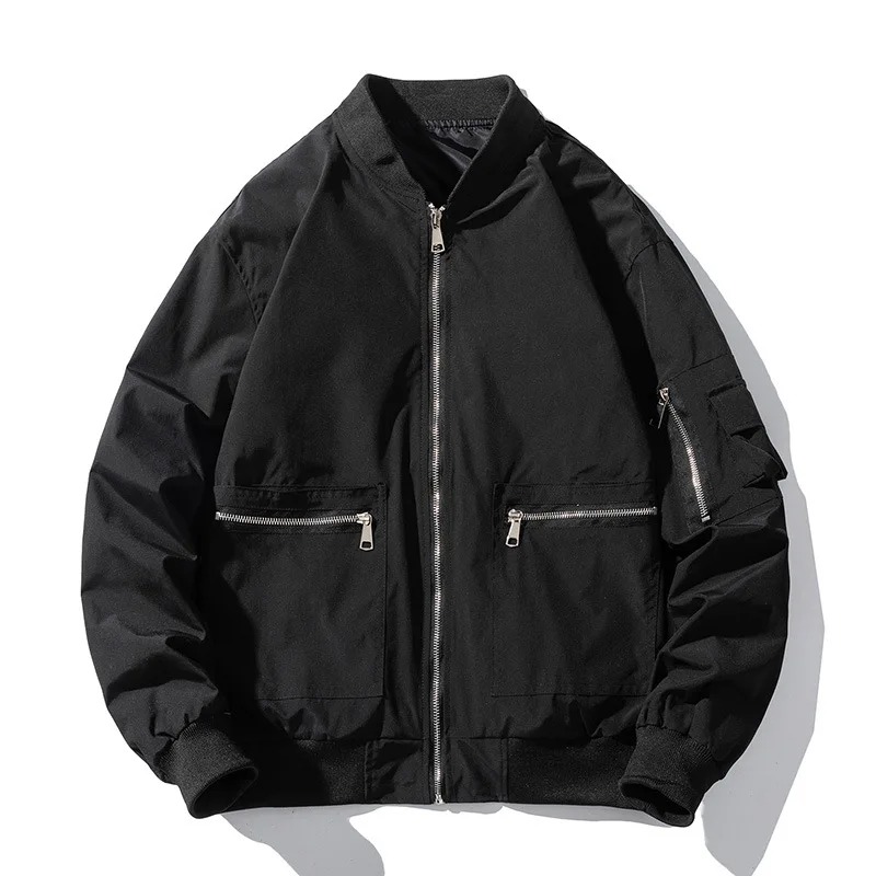 Men’s MA-1 Baseball Jacket – Solid Color Zip-Up Multi-Pocket Streetwear Coat - Image 2