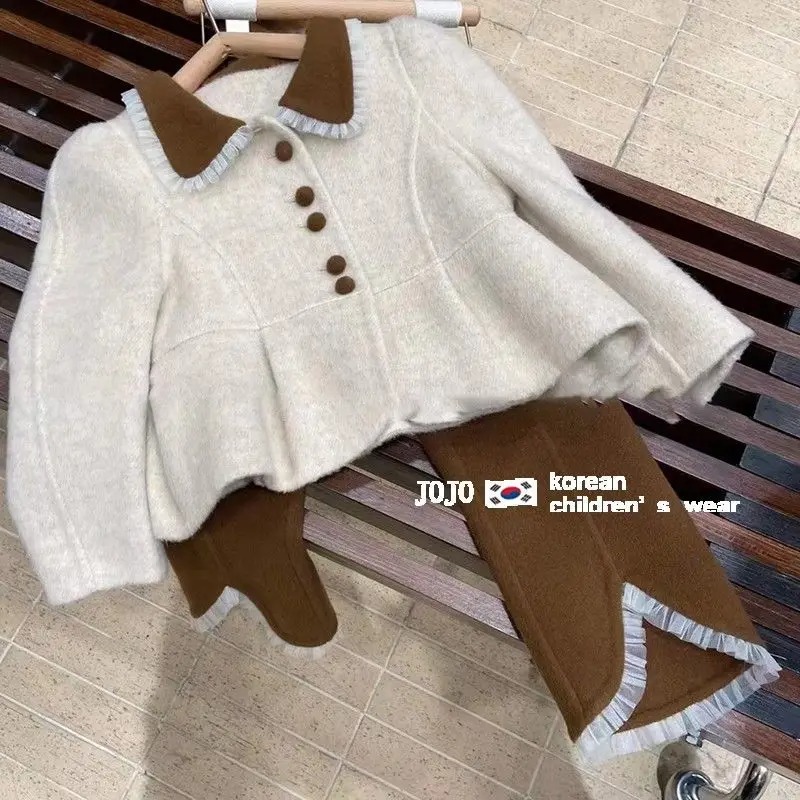 Kids Cotton Outfit Set Turn Down Collar Top Elastic Waist Pants - Image 4