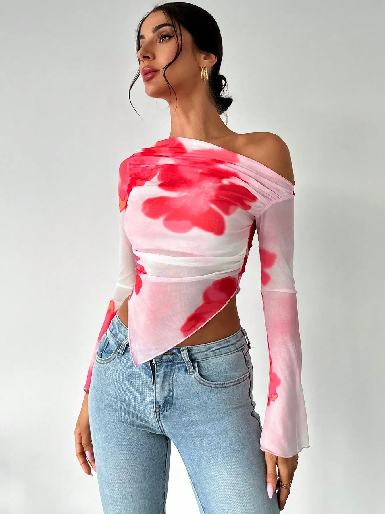 Sweet Spice Women's Mesh Print Diagonal Shoulder Long Sleeve Irregular Off-Shoulder Top - Image 3