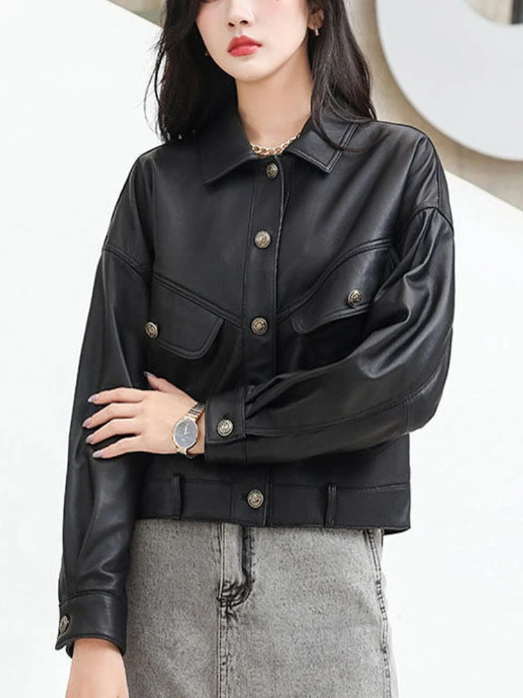 Vintage Casual PU Leather Jackets Women Turn-down Collar Cropped Loose Winter Sheepskin Coats Women 2023 Spring Thicken Outwear - Image 7