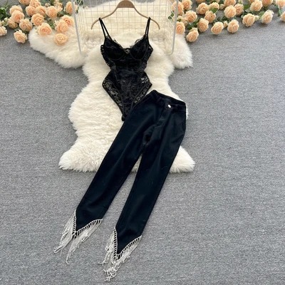 Women Lace Suspender Vest Two Piece Set High Waist Tassel Trousers - Image 3