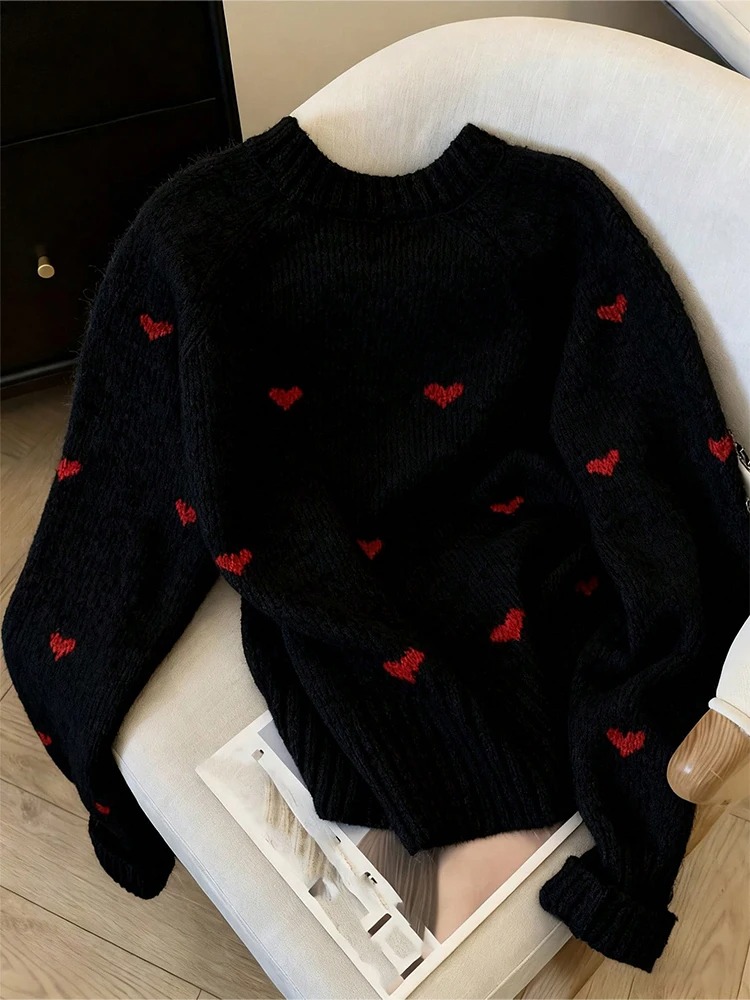 Women’s Heart Pattern Knit Sweater – Long Sleeve Round Neck Autumn Winter Pullover Top - Image 4