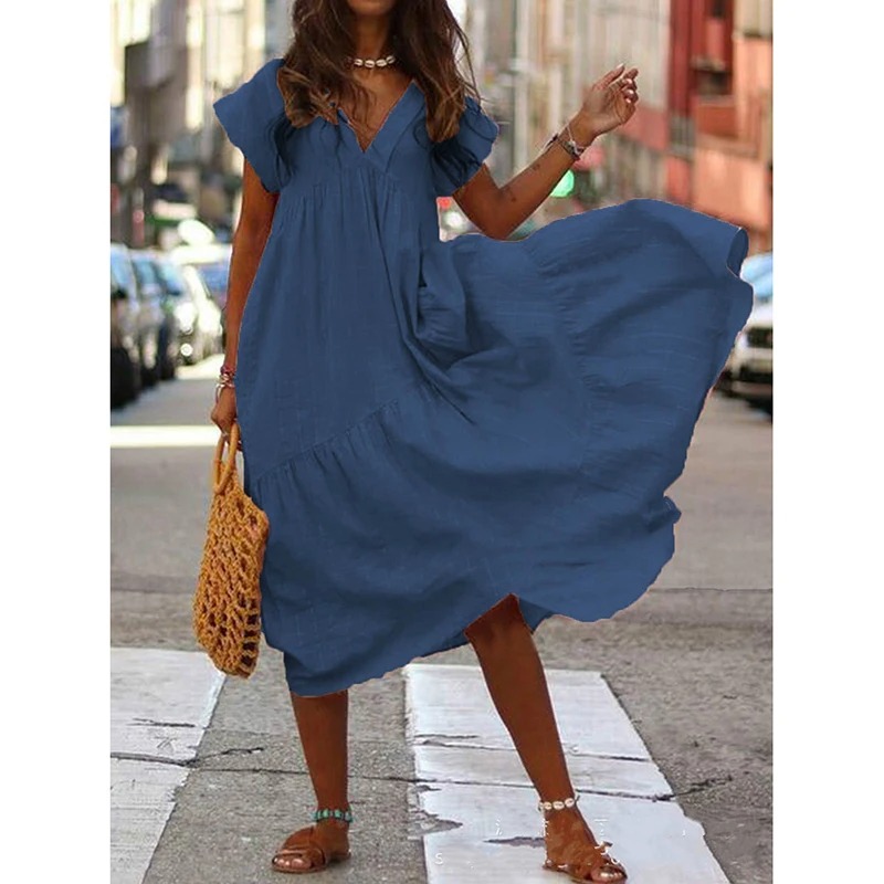 Women V Neck Ruffle Maxi Dress Casual A Line Beach Sundress - Image 4