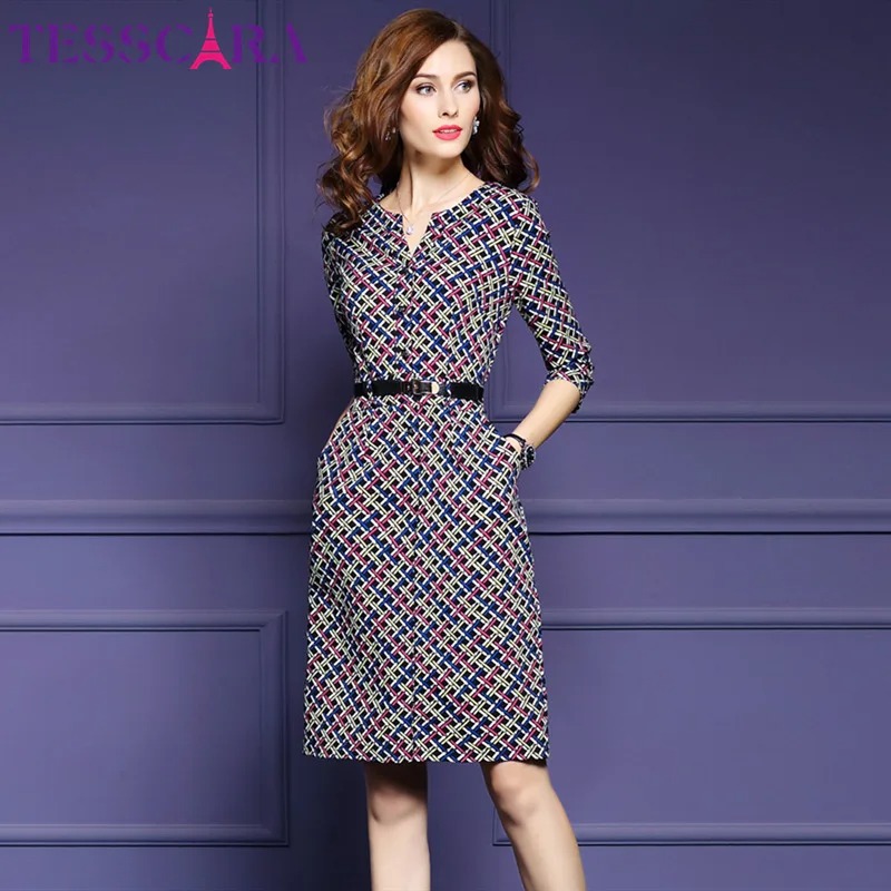 TESSCARA Plaid Pencil Dress for Women | Elegant Autumn Office Work Wear Retro Dress - Image 2