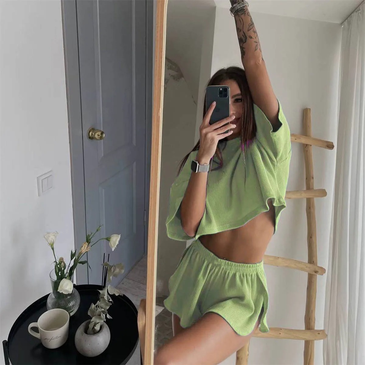New in Sets T-shirt Solid Cropped Tees Tops Summer Female 2 Piece Slit Shorts Set Short Sleeve Loose Casual Daily Women Clothing - Image 3
