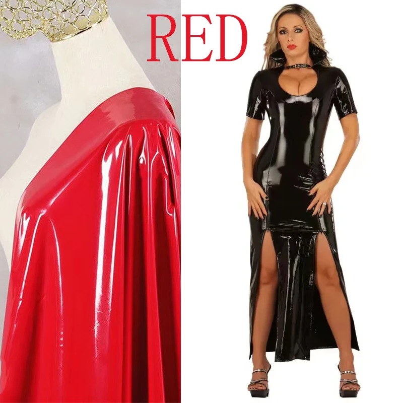 Women Patent Leather Wet Look Maxi Dress Standing Neck Faux Latex Double High Split Clubwear - Image 2