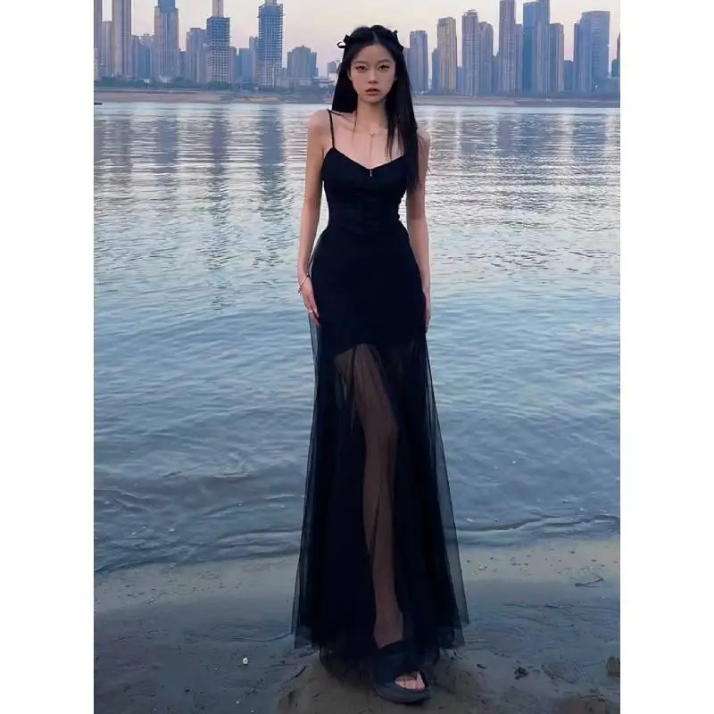 French Style Vintage Evening Dress for Women – Spaghetti Strap Mesh Patchwork V-Neck Split Black Slim Party Dress - Image 6