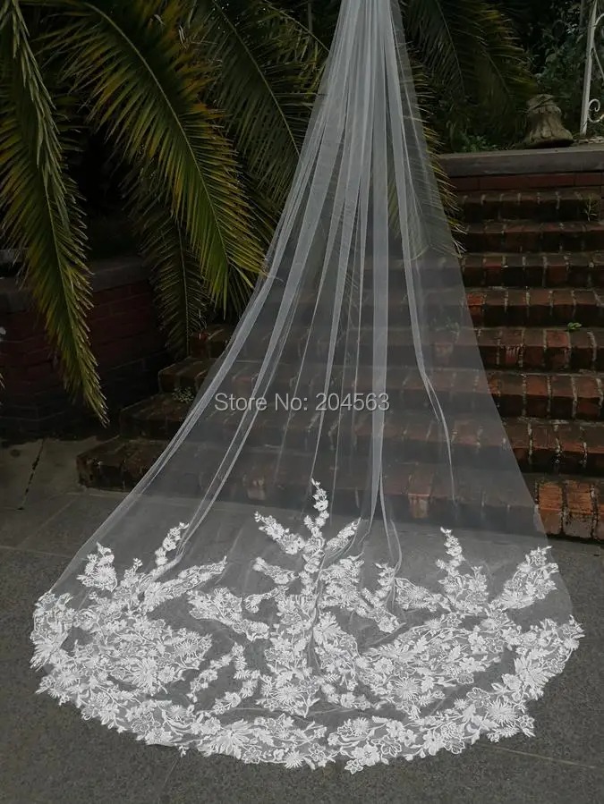 Long Lace Bridal Veil with Comb White Ivory Wedding Veil - Image 2