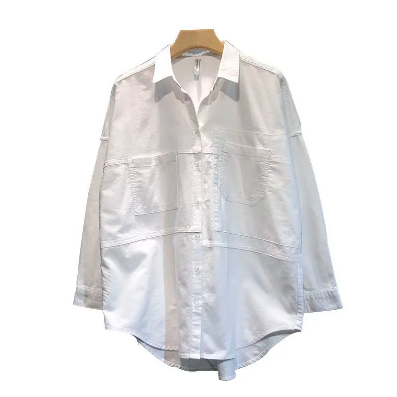 Oversized Cotton Button-Up Shirt for Women – Korean Style Pocket Blouse - Image 2