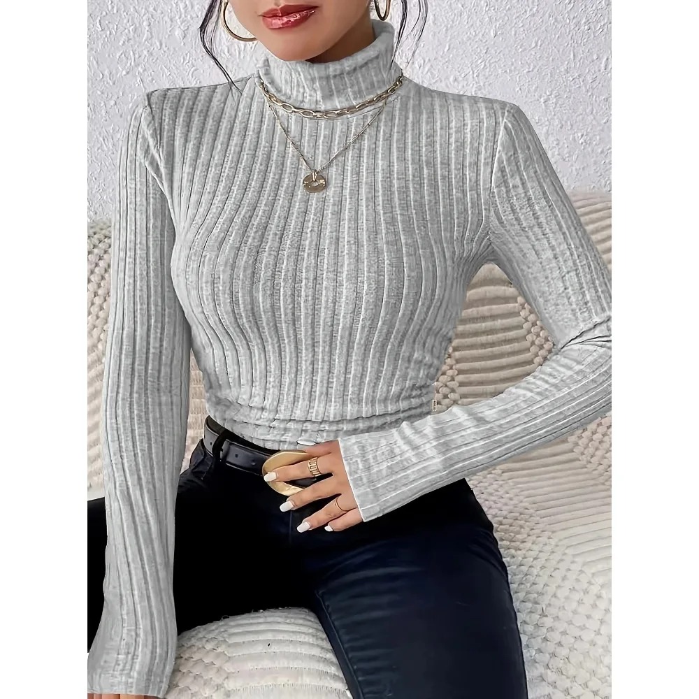 Plus Size Women’s Ribbed Knit Turtleneck Sweater 1XL–5XL – Long Sleeve Light Gray Slim Fit Pullover - Image 2