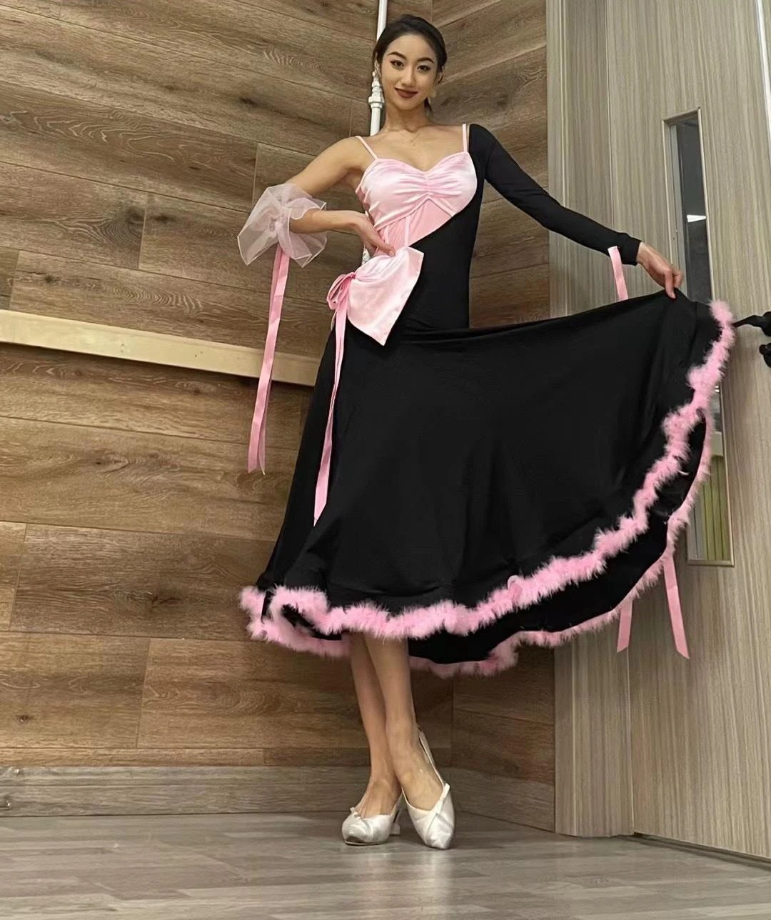Women Ballroom Dance Competition Dress | Black White Single Sleeve Waltz Modern Dance Practice Outfit DN14724 - Image 4