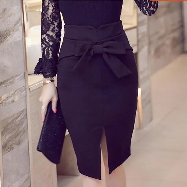 Korean Bow Pencil Skirt Women High Waist Slit Office Bodycon Skirt - Image 3