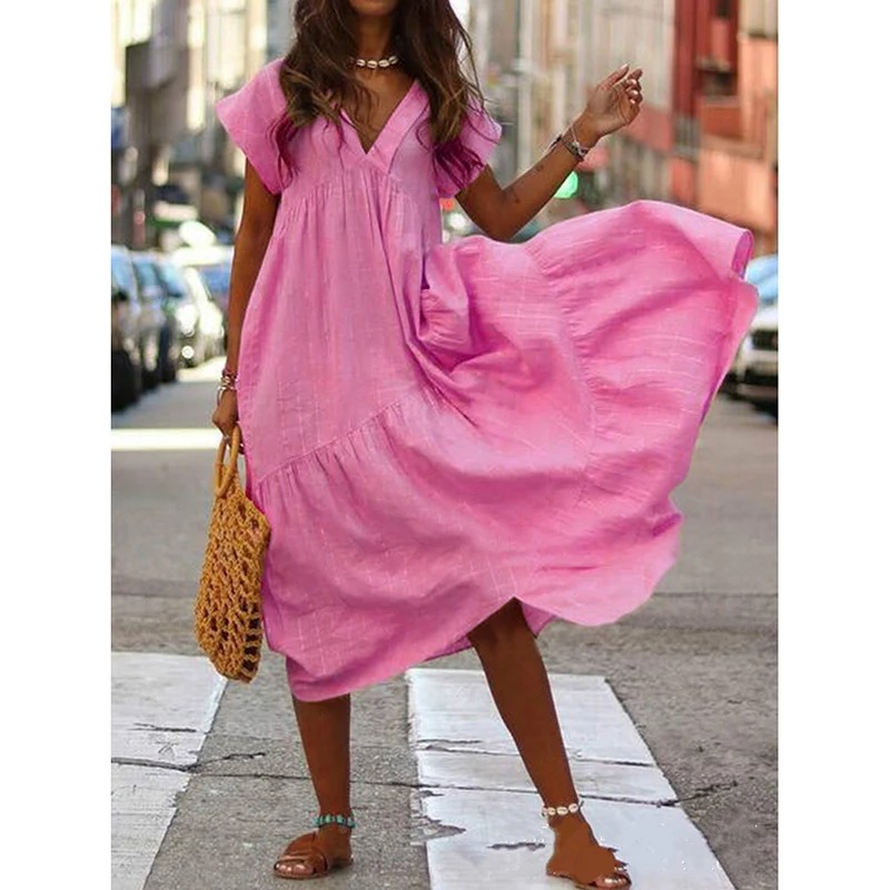 Women V Neck Ruffle Maxi Dress Casual A Line Beach Sundress - Image 5
