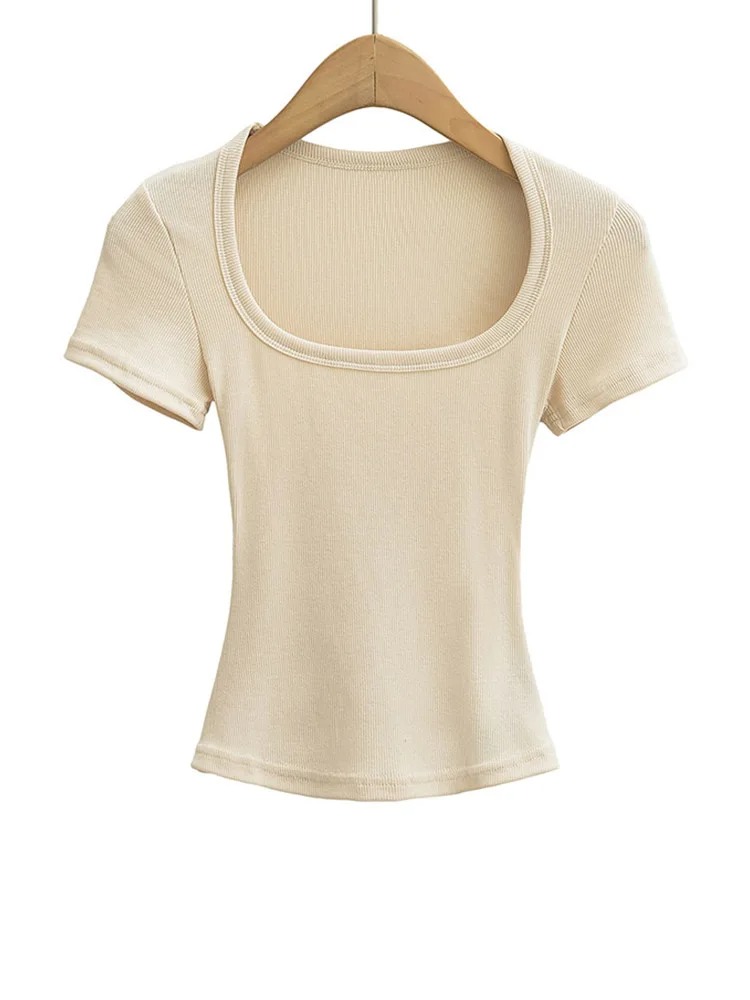 Women’s Square Collar Slim Fit Crop Top – High Stretch Short Sleeve Summer Pullover Blouse - Image 6
