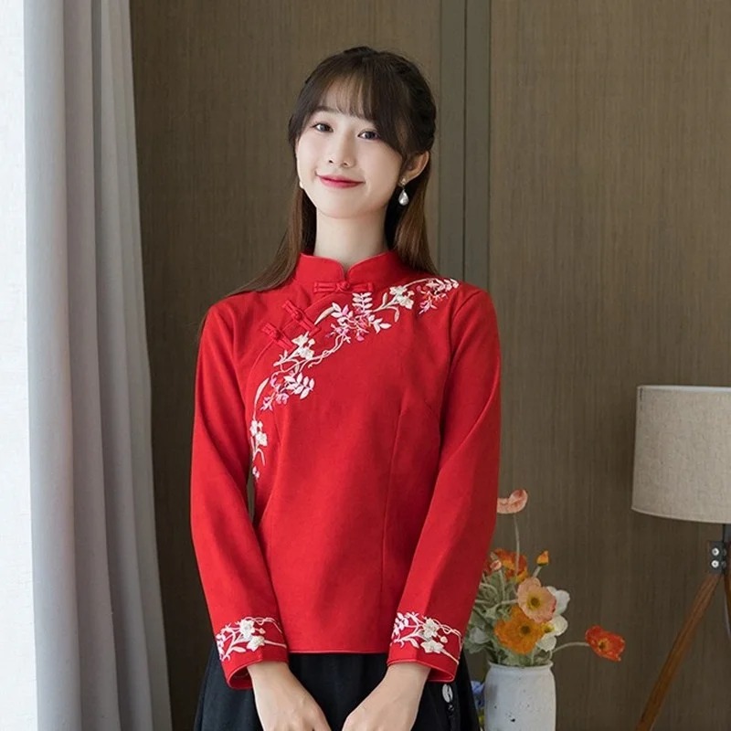 Cotton Linen Chinese Qipao Shirt for Women – Retro Zen Embroidered Hanfu Blouse - Image 3