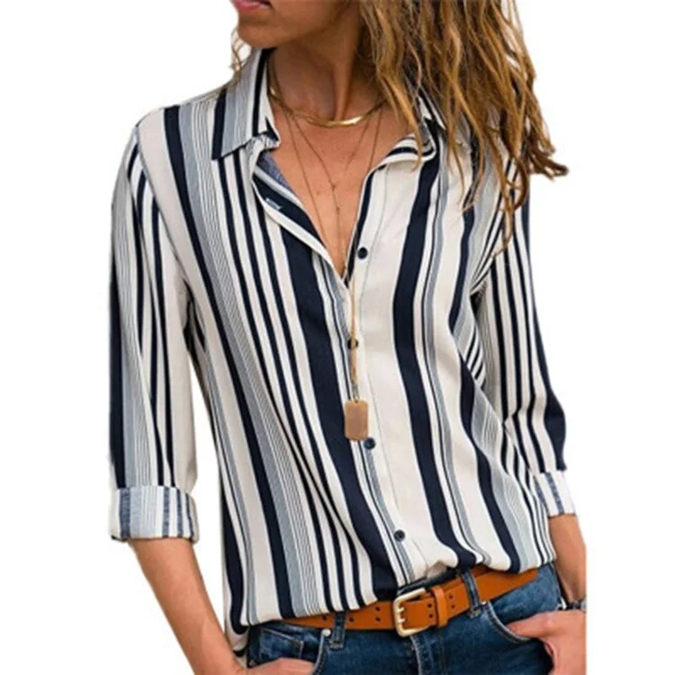 Office Lady Long Sleeve Striped Lapel Chiffon Blouse – Elegant Loose Chic Women Tunic - Image 6