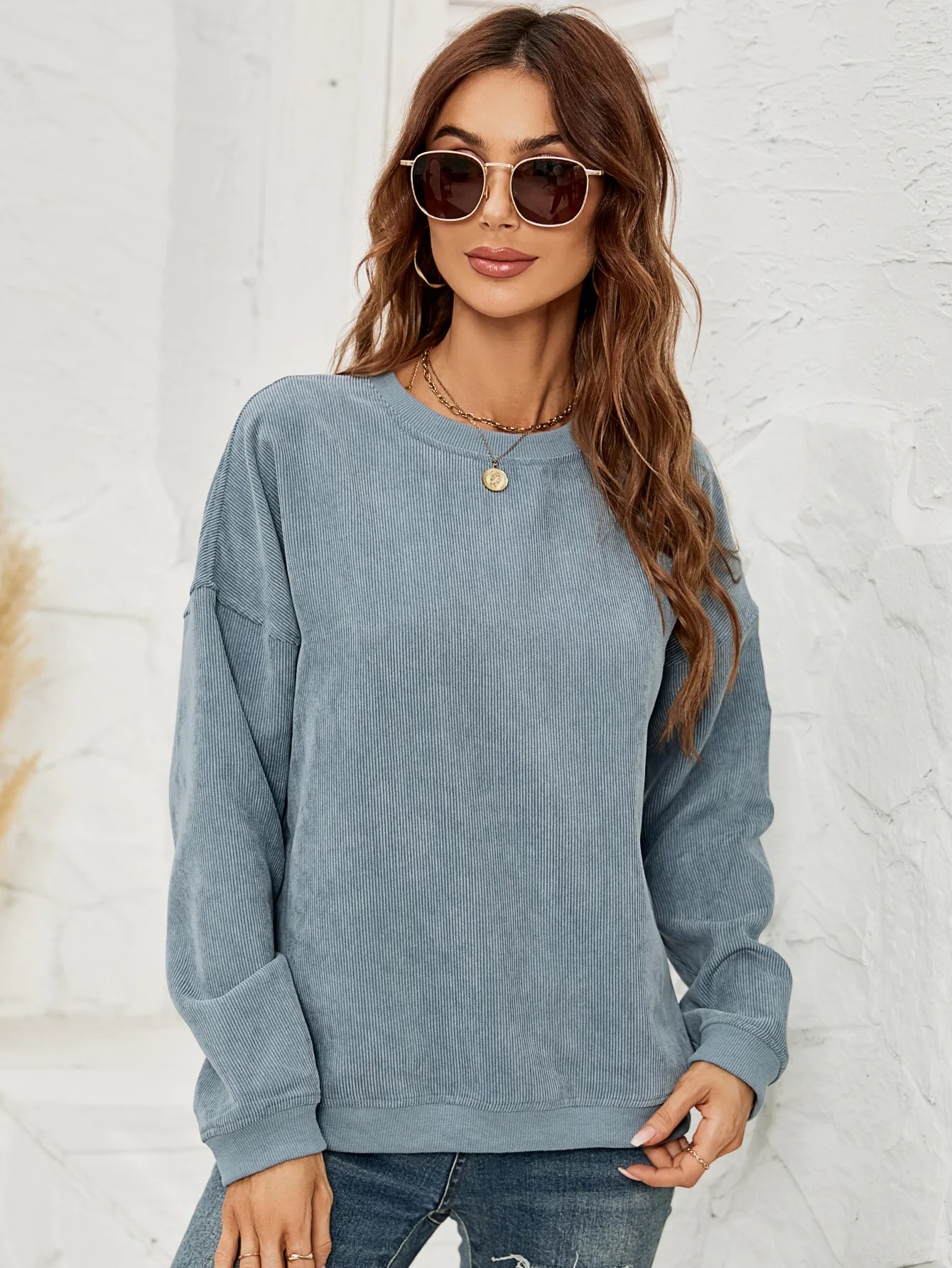 Women's Corduroy Round neck Solid Long Sleeve casual Sweatshirts Pullovers for Women