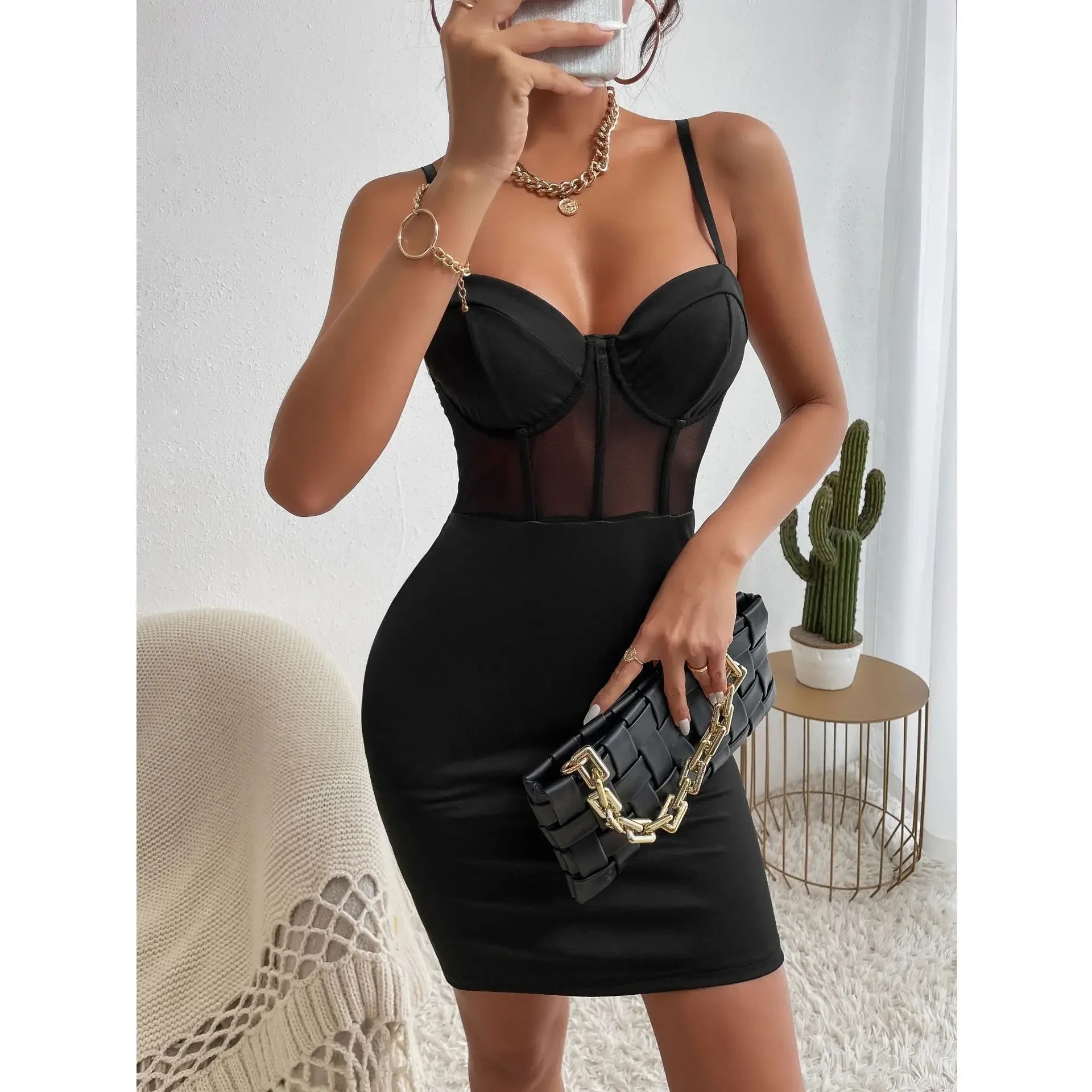 Y2K Sexy Mesh Club Dress | Hollow-Out See-Through Fishbone Halter V-Neck Slim Nightclub Party Skirt