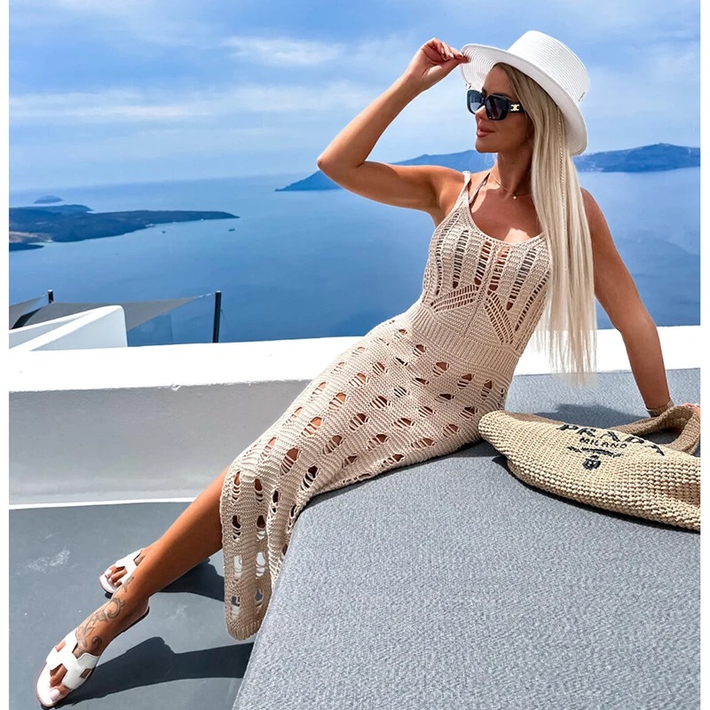 2024 Bikini Cover Up Knitted Sexy See Through Beach Bodycon Slit Hollow Out Tassel Sundress - Image 4