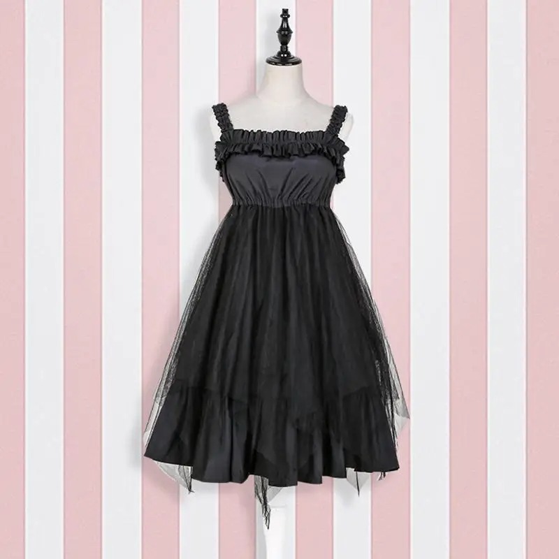 JSK Gothic Lolita Strap Long Dress Black Veil Japanese Shawl Girdle Women Cosplay Costume - Image 7