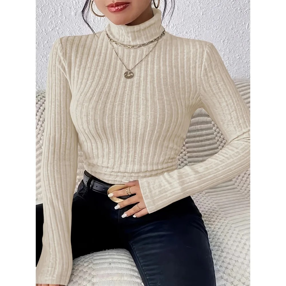 Plus Size Women’s Ribbed Knit Turtleneck Sweater 1XL–5XL – Long Sleeve Light Gray Slim Fit Pullover - Image 3