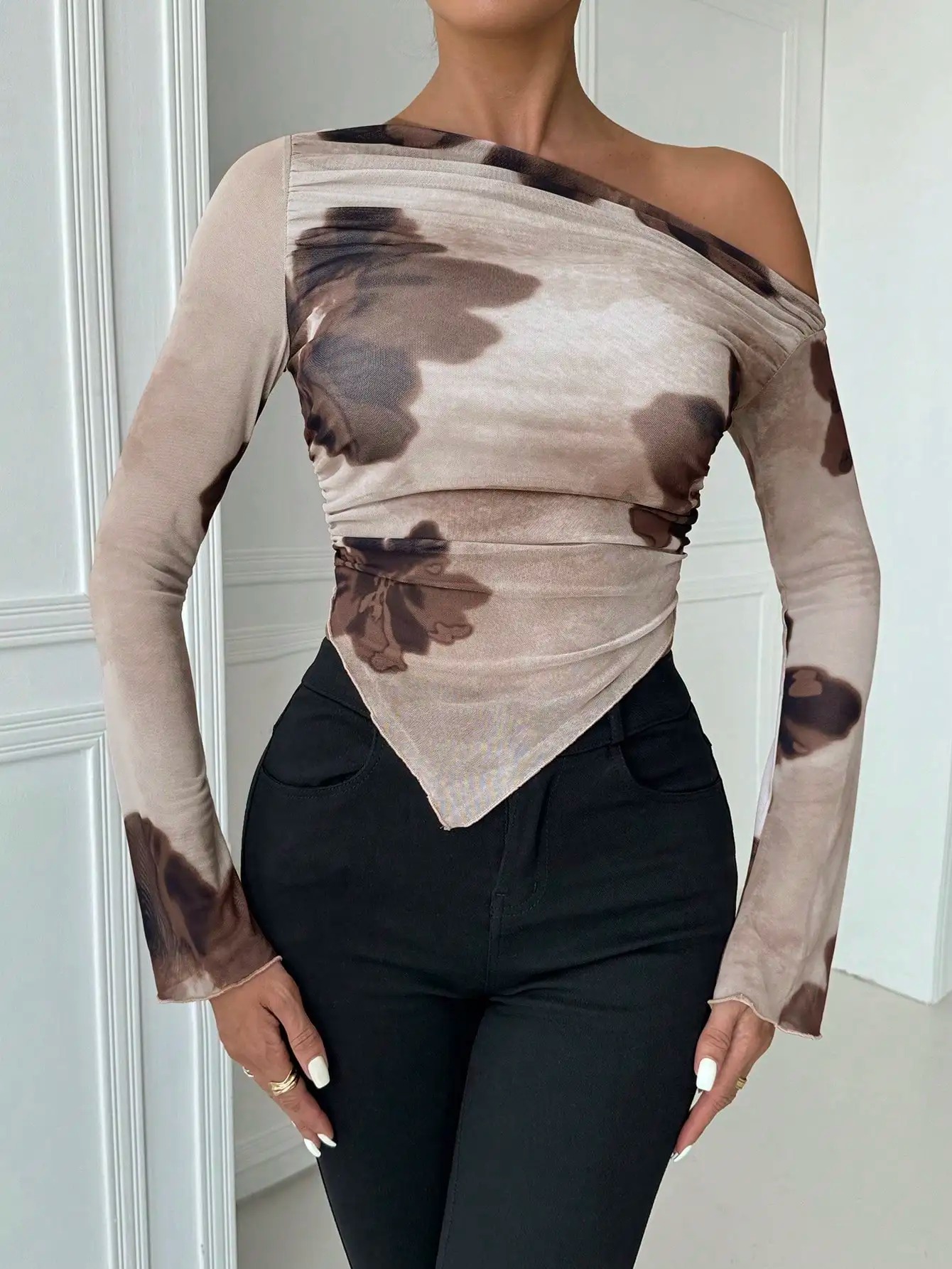 Sweet Spice Women's Mesh Print Diagonal Shoulder Long Sleeve Irregular Off-Shoulder Top - Image 2