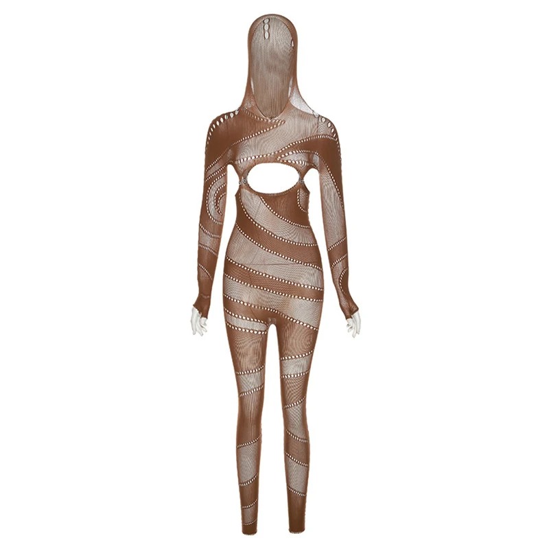 OMSJ Women’s Cut-Out Knitted Jumpsuit – See-Through Hooded Party Romper - Image 2