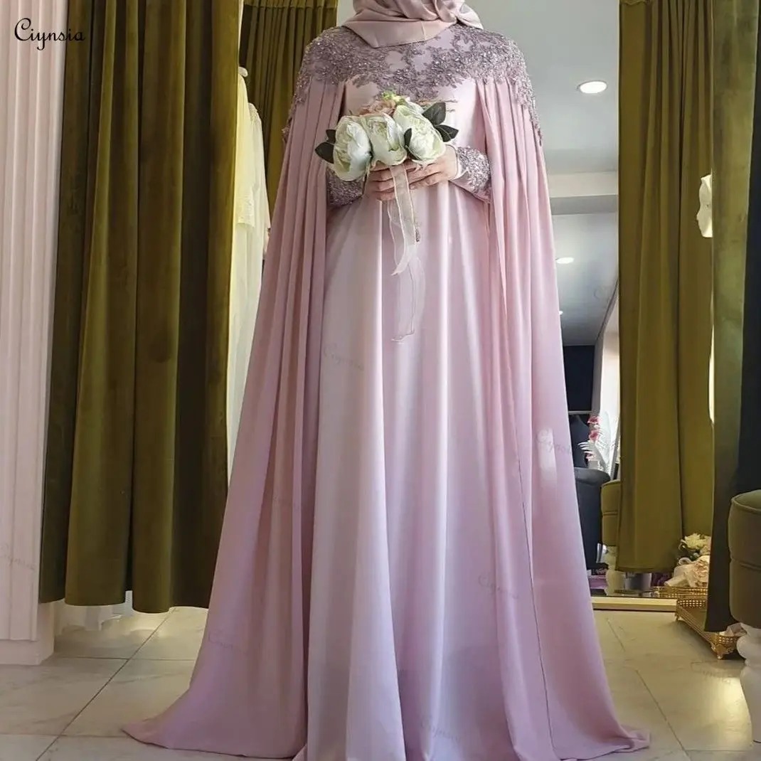 Pink Chiffon Muslim Evening Gown Long Sleeve A Line Dress