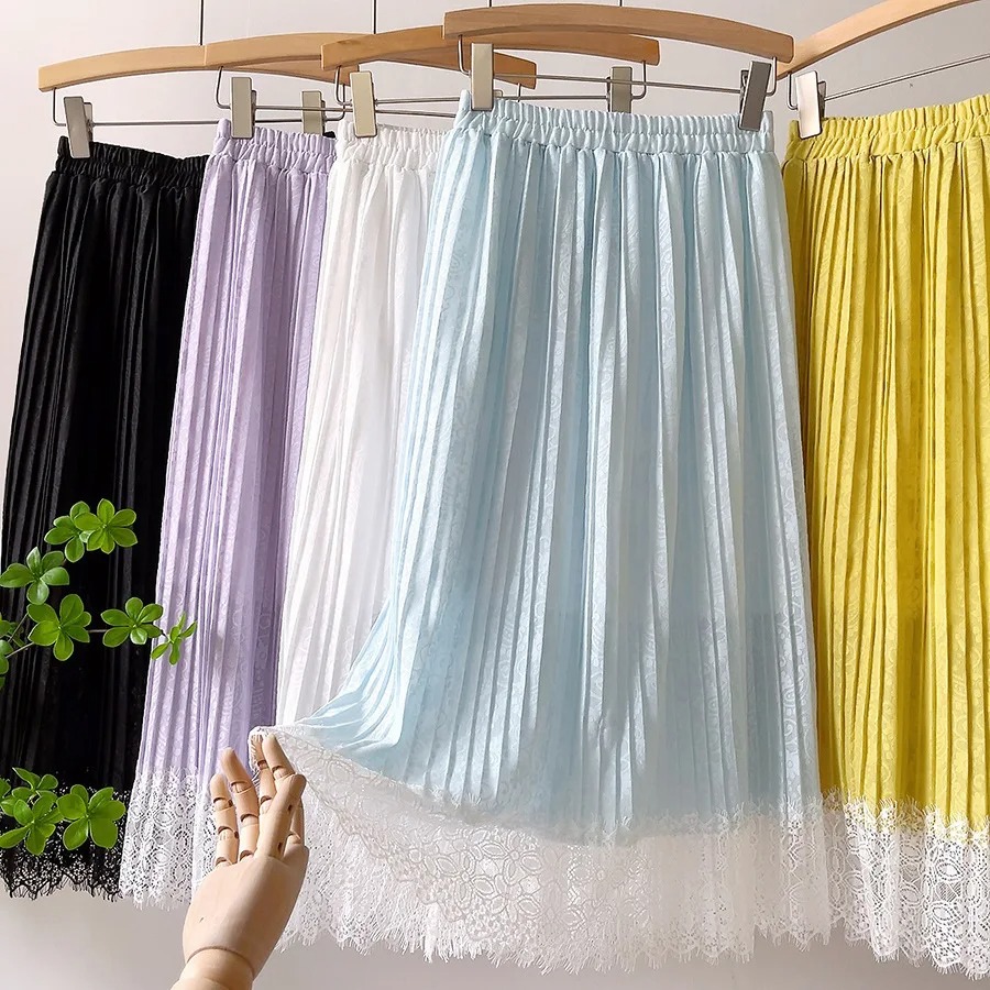 2022 Spring Women Skirts Lace Patchwork Pleated Skirts Sweet Solid Skirt Femme Elastic High Waist Elegant Skirt Women Streetwear - Image 3