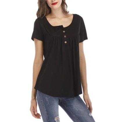 Oversized Women's 5XL Summer Fashion Loose New Short Sleeve Round Neck T-shirt Pleated Stitching Button Loose Short Sleeve Top
