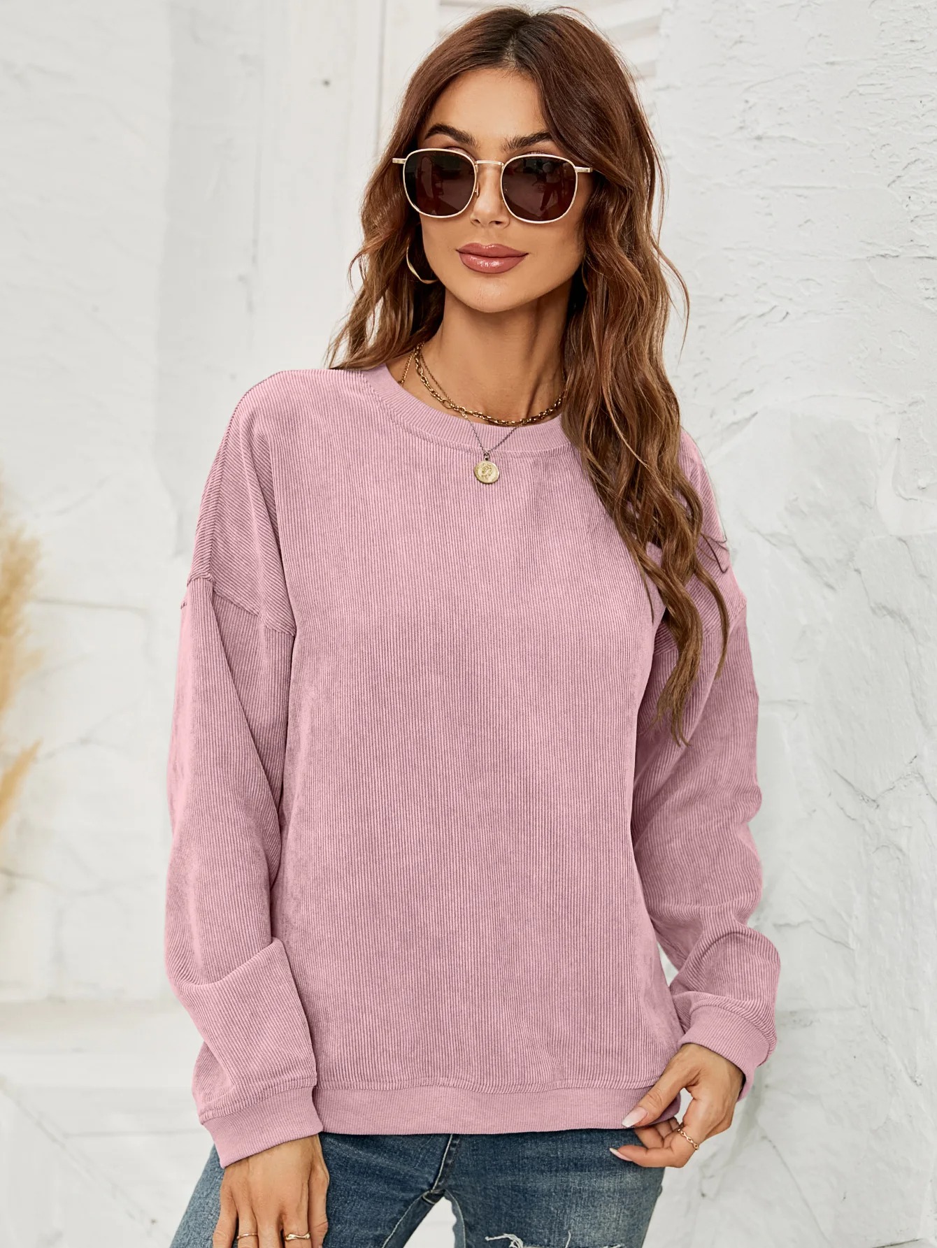 Women's Corduroy Round neck Solid Long Sleeve casual Sweatshirts Pullovers for Women - Image 2