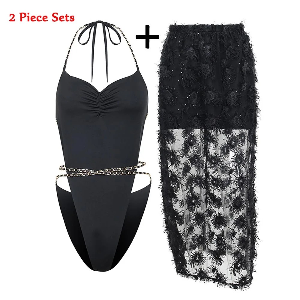 Korean Style Sexy Women Two Piece Bodysuit Skirt Set Gold Chain Mesh Outfit - Image 2