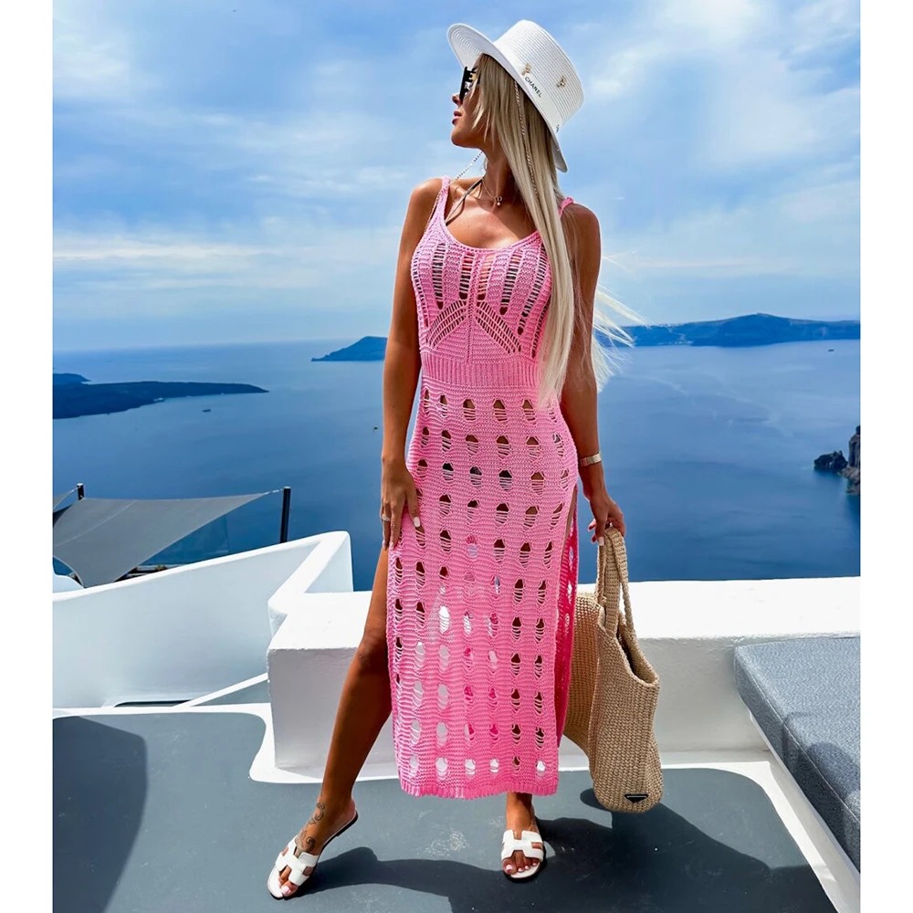 2024 Bikini Cover Up Knitted Sexy See Through Beach Bodycon Slit Hollow Out Tassel Sundress - Image 2